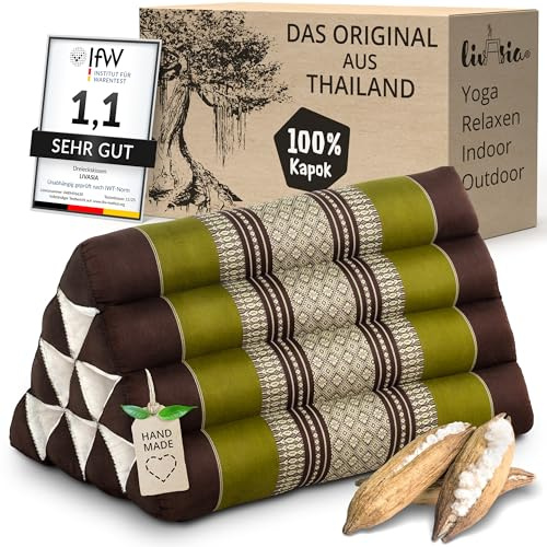 livasia Rückenstützkissen mit Muster - 30x50x30cm - Dreieckskissen für den Garten, Keilkissen mit Kapok, vegan und handgefertigt, Meditationskissen (Braun/Grün)