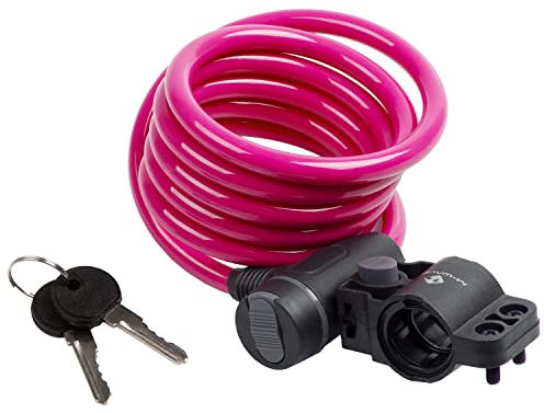 M-Wave Autom.-Spiralkabelschloß 1800 x 10 mm pink mit Clip-on-Halter für Sattelstütze mit Staubschutzkappe auf Karte