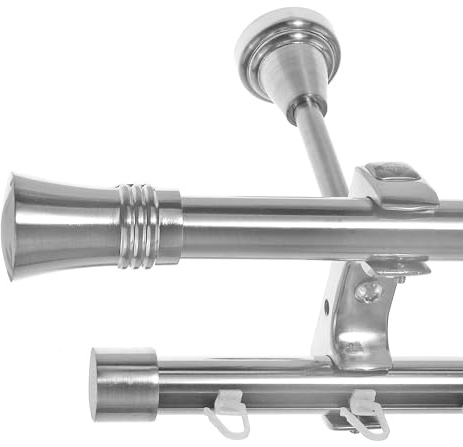BASIT Gardinenstange Innenlauf Edelstahllook 20mm 2-läufig Decke 180cm D61 | Gardinenstangenset doppelläufig Deckenmontage Metall Vorhangstange Deckenhalterung 120-600cm wählbar Kappe Knauf E86