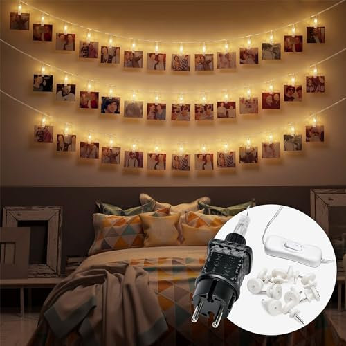 LED Fotoclips Lichterkette – 6 Meter | Mit Netzstecker NICHT batterie-betrieben | 30 LED Klammern warm-weiß | Fotoleine für Polaroid Foto | Deko Kette zum Aufhängen von Fotos | CozyHome Lichterketten