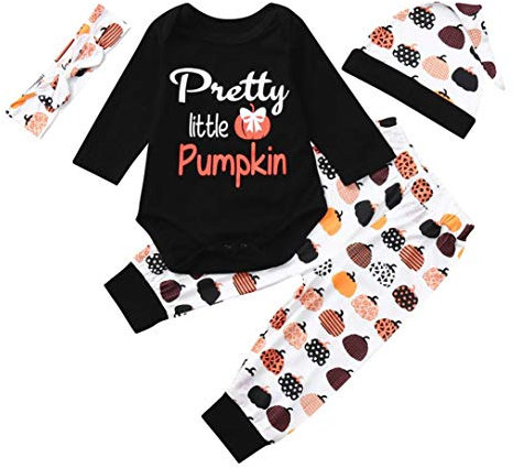 Lazzboy Halloween Neugeborenes Baby Mädchen Kostüm Body Strampler Kürbis Print Hosen Kappe Kleidung Outfits Set 4PCS(Schwarz,12~18M)