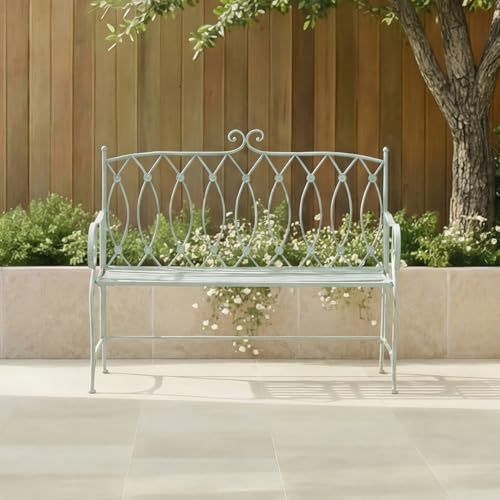 CHARLES BENTLEY Garden Bench, Heritage Green, Rustic Metal, Decorative, Lightweight, Weather Resistant, Outdoor, Patio, Balcony, Decorative Seating, Easy to Move, Modern Rustic, 2 Seater (104x92.5cm)