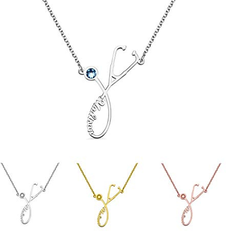 Stethoskop Lariat Halskette 925 Sterling Silber mit Name Unendlichkeit Halskette mit Stethoskop-Anhänger mit Geburtsstein für Damen Geschenk für Frauen Arzt Krankenschwester