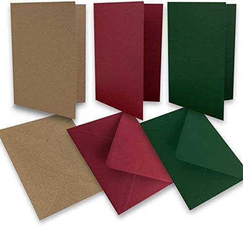 30 Falt-Karten Sets - DIN A6 - 160 g/m² 220 g/m² - Kraft - Dunkelrot - Dunkelgrün - mit Brief-Umschlägen DIN C6 - 80 g/m² 90 g/m² Nassklebung