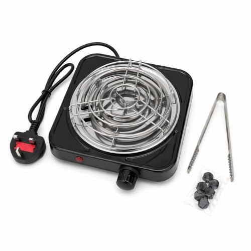 1000W Electric Shisha Charcoal Burner, Fast Heating Coal Starter Hot Plate for Hookah & Coconut Coals, Portable Single Stove for Coffee/Tea with UK Plug, Includes Protective Grid & Tongs, Black