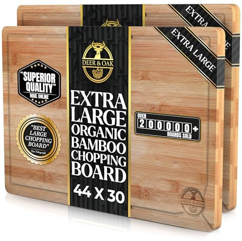 Deer & Oak X-Large Bamboo Chopping Boards 44x30cm (2 Pack), Pre-Oiled | 2cm Thick · for Carving Meat, Fish, Vegetables, Fruit, Cheese and Bread