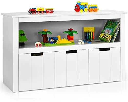 COSTWAY Armadio con 3 Cassetti, Scaffale di Legno con Ruote e Cubi per Giocattoli dei Bambini, Ampio Spazio, Organizer Durevole per Salone Camera da letto Camera dei bambini (Bianco)