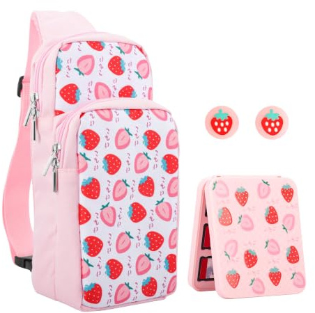 RHOTALL Niedliche Erdbeer-Umhängetasche, kompatibel mit Nintendo Switch/Switch OLED/Switch Lite/Switch 2, hohe Kapazität Reiserucksack für Switch Zubehör mit Spielkartenetui und 2 Daumenkappen