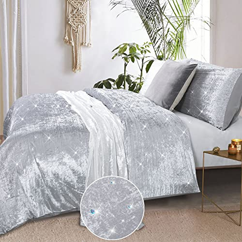 YINFUNG Velvet Duvet Cover Silver King Luxury Grey Crushed Velvet Winter Grey Boho Crinkle Light Sequin Glossy Sparkle Glitter Vibrant Textured Bedding Set