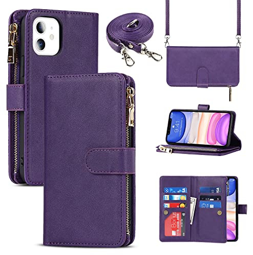 Cavor Coque Compatible avec iPhone 11 Etui avec Cordon,Flip Portefeuille Étui Cuir,[9 Porte Cartes][Double Boucle],Protection Housse Etui Compatible avec iPhone 11 - Violet