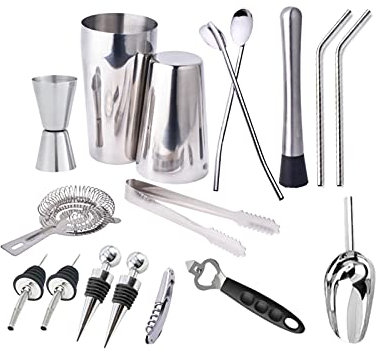 Juego de coctelera para coctelera Coctelera de 17 piezas Coctelera de gama alta Barra de acero inoxidable Herramienta de coctelería Kit de barman profesional para el hogar, bar, fiesta Kit de barman