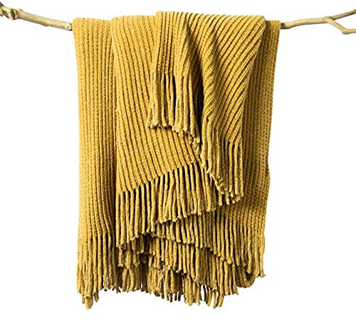 Trayosin Kuscheldecke Chenille Decke Weich Boho Quaste Kuscheldecke Sofadecke Schlafdecke Decke,Gemütliche Kleine,Leichte Strickdecken für Heimdekoration, Bett, Stuhl, Sofa,110 x 170 cm (gelb)
