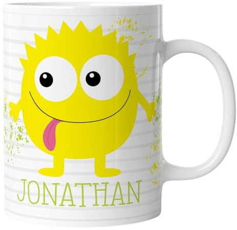 timalo® Coole Kindertasse lustige Monster mit Namen bedruckt | Personalisierte Tasse mit Wunschname für Kinder Geschenktasse | Jungen Geschenk gelb | mug-mo-07