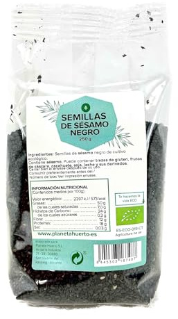 PLANETA HUERTO | Sésamo Negro Ecológico – Nutritivo y Rico en Minerales, Ideal para Ensaladas, Panificados y Más, Envase de 250 g