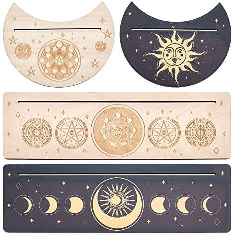 GORGECRAFT 4 Soporte de Madera para Cartas de Tarot, Patrón de Luna, Sol, Chakras, Tarjeta de Tarot, Soporte de Altar Negro, Soporte Rectangular En Forma de Luna, Suministros Ceremoniales