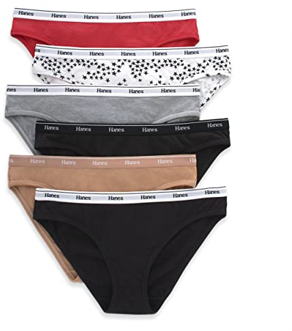 Hanes Women's Originals Panties Pack, Breathable Cotton Stretch Underwear, Style, Basic Color Mix, 6-Pack Bikinis, L (Pack of 6)