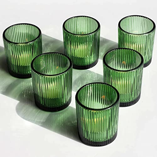 VOHO 12pcs Candle Holder Ribbed Glass, Green Votive Candle Holders for Wedding Party Table Centerpieces, Glass Tealight Candle Holder for Birthday Gift(2.1'' x 2.6'', Green)