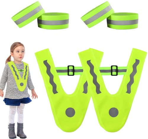 2 Pièces Gilets de Sécurité pour Enfan avec 4 Brassards Réfléchissant, Jaune Fluo Réfléchissante à Gilet, Gilet D'avertissement en Forme de V avec Sangle de Réglage, Veste Haute Visibilité Unisexe