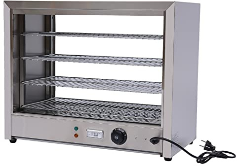 Matvärmare, värmeskåp, varmhållningsvitrinskåp, 640 x 340 x 530 mm med 4 hyllor av rostfritt stål, 30–85 °C för matsalar, bagerier, caféer, snabbfood-restauranger