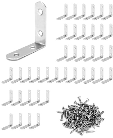 QWORK Stainless Steel L Brackets for Wood, 40Pcs 16x50mm Corner Brace with Screws, 90 Degree L Shaped Brackets for Furniture Fixation