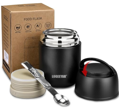 Itslife Thermobehälter für Essen 500ml Thermobehälter Edelstahl Warmhaltebehälter mit faltbaren Löffel, Thermo Lunchbox für Heißfutter Kinder Erwachsene für die Schule, Büro (Schwarz)