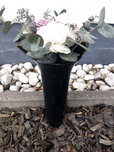 meytrade Blumenvase für Friedhof Grabvase modern grau 33cm lang & 12 cm Durchmesser Steckvase mit Erdspieß Grabschmuck wetterfest für Rosen und Tulpen, VaseSteck01