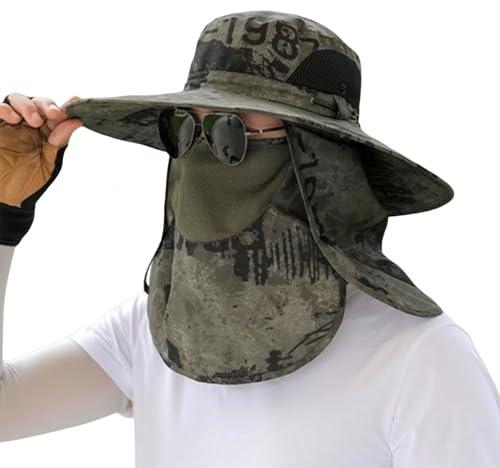 SHINROAD Chapeau de protection solaire d'extérieur à large bord pour homme avec couverture avant, grande maille creuse, imprimé camouflage, anti-UV, séchage rapide, vert militaire, taille unique
