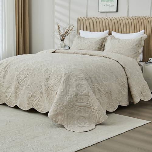 Kingnex Oversized King Bedspreads 128x120 for Extra Wide Tall King or Cal King Bed Ultrasonic Quilted Coverlet Set 3 Piece Include 1 Quilt 2 Pillowcases Beige