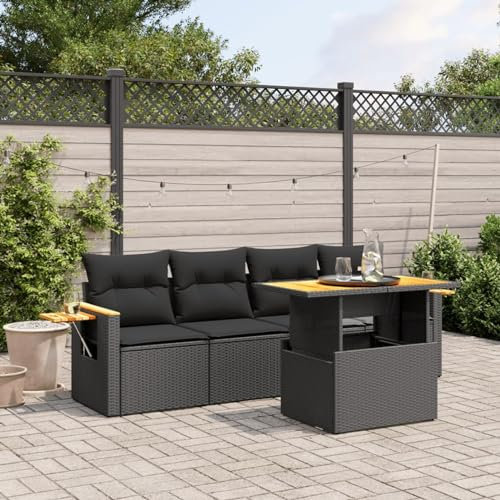 Homgoday 5-TLG. Gartenlounge Set Gartenmöbel Loungemöbel Gartensofa Lounge Balkonmobelset Terrassenmöbel Ecksofa Modular Sofa Sitzgruppe mit Tisch Höhenverstellbar Schwarz Poly Rattan