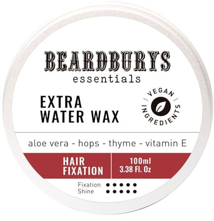 Beardburys Essentials Extra Water | Cera Pelo Hombre, Efecto Mojado, Fijación Alta, Acabado Brillo. Cuida de tu pelo Vitamina E, Aloe Vera, Tomillo. Natural y Vegana - 100ml
