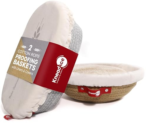 KneadAce Cotton Rope Banneton Bread Proofing Basket Set, Oval & Round Bread Baskets with Liners & Covers for Artisan Bread Baking, Sourdough Bread Baking Supplies