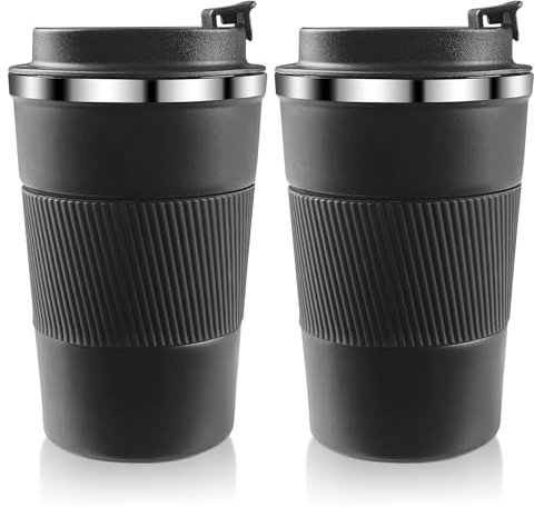 Taza de café o té isotérmica de 380mL Negra Taza Termo Antigoteo de Acero Inoxidable 304, (2 unidades) Vaso Térmico Reutilizable Hermético Café, Té, Bebidas Frías y Calientes para el Coche y Llevar