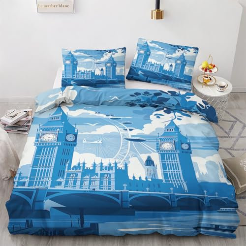Generisch London Deko - London Bettwäsche 135x200 Winter, Big Ben Stadt Landschaft Bettbezug 135 x 200 2er Set mit 1 Kissenbezug 80x80, Weiche Mikrofaser Winterbettwäsche mit Reißverschluss T#&206