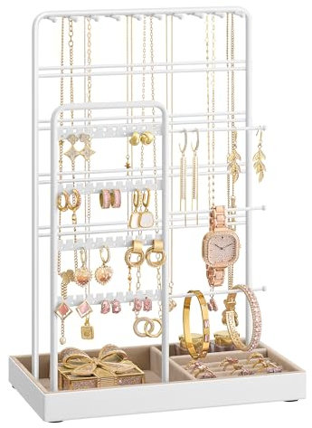 SONGMICS Portagioie, Porta Collane e Orecchini, Espositore per Gioielli, Metallo, Vassoio in Velluto, per Collane Bracciali Orecchini Anelli, Idea regalo, Bianco Opaco JJS028W01