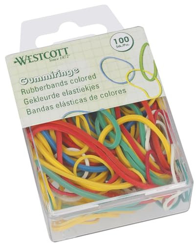 Westcott Rubber Bands 100 Pieces | Colourful rubber rings in various sizes in a handy plastic container | Storage pack of household rubber bands ⌀ 20mm - 70mm | E-10582 00