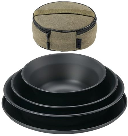 Set di stoviglie da campeggio, piatti da campeggio in acciaio inossidabile, posate resistenti al calore, riutilizzabili con borsa in tela, per picnic, zaino in spalla e cene all'aperto