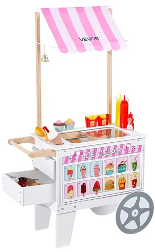 VEVOR Carrito de Helados, Más de 20 Accesorios, Juego de Simulación de Heladería, Cocina, Juguetes con Helado y Paleta, Toldo y Congelador, Cajones, para Niños de 3 a 7 Años, 747 x 350 x 1220 mm