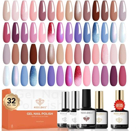 Modelones UV-nagellacksset 32 st, 28 färger brun rosa naken lila UV-gel nagellack med baslack, matta & glans & glitter topplack, gellack set blötläggning start manikyr alla hjärtans dag gåva, 7 ml