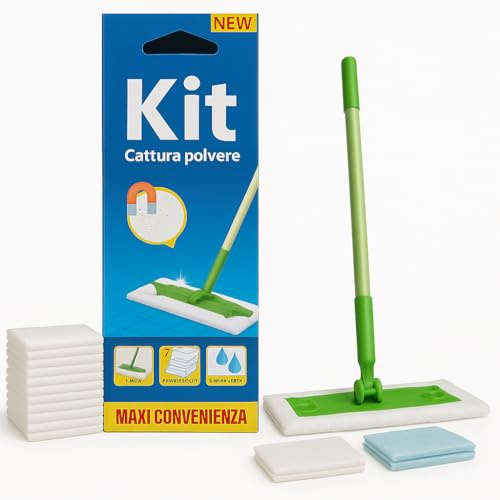 Kit Spazzola Cattura Polvere – 1 Scopa + 7 Panni Asciutti + 2 Panni Umidi – Raccoglipolvere Multiuso per Pavimenti, Parquet, Piastrelle, Casa e Ufficio – Pulizia Facile e Veloce (kit scopa)