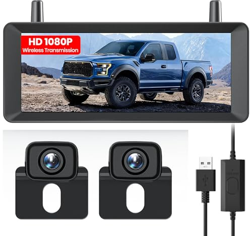 AUTO-VOX 2 Wireless Reversing Camera Kit: 7.2 USB-Powered Dual Split-Screen 1080P HD Monitor With DVR Recording, Front and Rear Coverage, Stable Signal, Reverse Camera for Van, Trailer, SUV