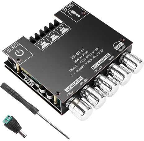Behogan Amplificatore audio HiFi: 2 x 50 W + 100 W subwoofer 2.1 canali, amplificatore scheda con Bluetooth alti e controllo dei bassi, ingressi Bluetooth e AUX, DC 12-24 V per altoparlanti passivi