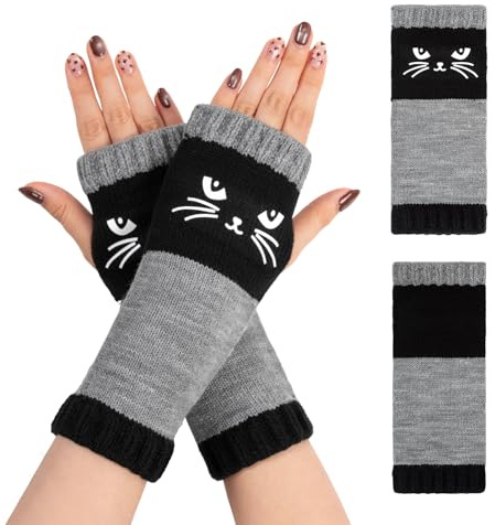 Youkly Guantes sin dedos, cálidos y suaves, diseño de gato, guantes de punto con dedos abiertos para mujeres y niñas, accesorio de invierno para amantes de los gatos, Negro , Talla única