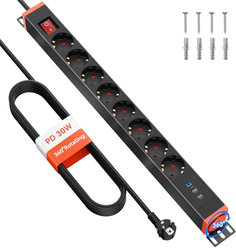 Multiprise Parafoudre 8 Prises avec USB-C 30W, Bloc 360° Rotatif pour Montage Mural avec Interrupteurs, Câble d’Extension 1,8 m, 16A/4000W, Noir
