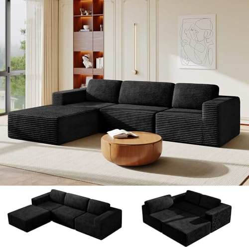 Vesgantti 303cm Oversized L-Shaped Modular Sectional Sofa, Corduroy, Black | 3/4 Seater, Boneless Sofa, Pocket Springs & 35D High-Density Foam, Movable Ottoman, Extra Deep Seats, For Living Rooms