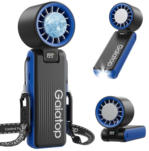 gaiatop Portable Fan Handheld with Ice Cooler, 6000mAh 32H Portable Handheld Turbo Fan, 199 Speeds Personal Hand Held Fans Rechargeable, Mini Desk Fans LED Light, Makeup Travel Essentials, Blue