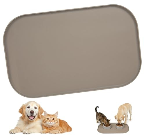 Napfunterlage Hund, Silikonmatte mit Rand Katzenmatte für Futter und Wassernäpfe Futterunterlage Oval Khaki Unterlage Katzennapf 44L × 27B × 1.5H cm Hält Zwei Hundenäpfe