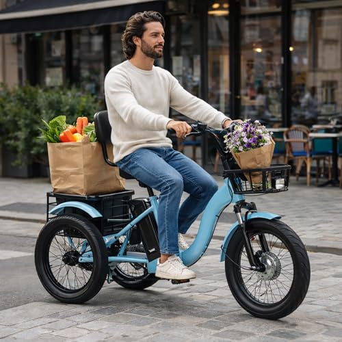 Elektro Dreirad für Erwachsene Klappbar, Stabil E-Bike Dreirad mit 3 Unterstützungsarten, Große Körbe Vorne & Hinten, 18 Zoll Fat Tires, bis 150kg, Ideal als Seniorenmobil & City Fahrrad