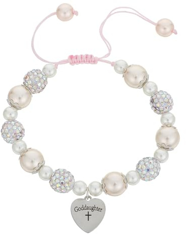 SECFOU Baptism Bracelet For Goddaughter Adjustable Beaded Cross Heart Jewelry Religious Christening Gift For First Communion Keepsake