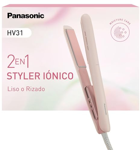 Panasonic EH-HV31-P503 Styler Ionico 2-in-1, Piastra e Arricciacapelli, 5 Temperature fino a 210°C, Piastre 3D, Blocco Viaggio, Tensione Automatica, Rosa Fragola
