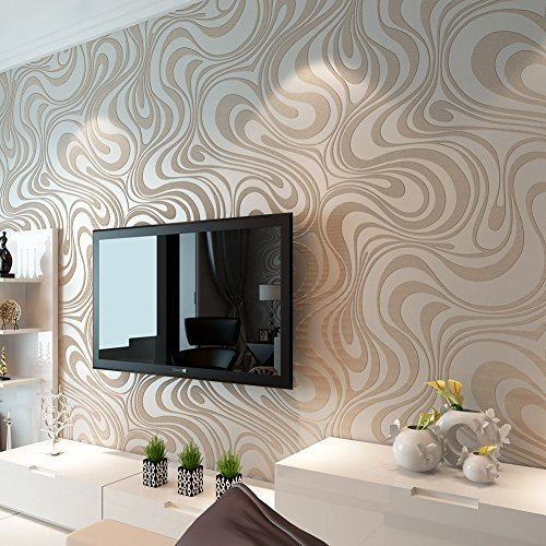 Qihang, carta da parati dal design astratto, moderno e lussuoso, fantasia 3D con curve,color Bianco Crema e argento, 0,7 m x 8,4 m = 5.88 m2